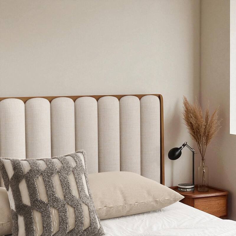 Queen/King Size Wood Platform Bed with Piano Key Upholstered Headboard and Sturdy Bed Frame