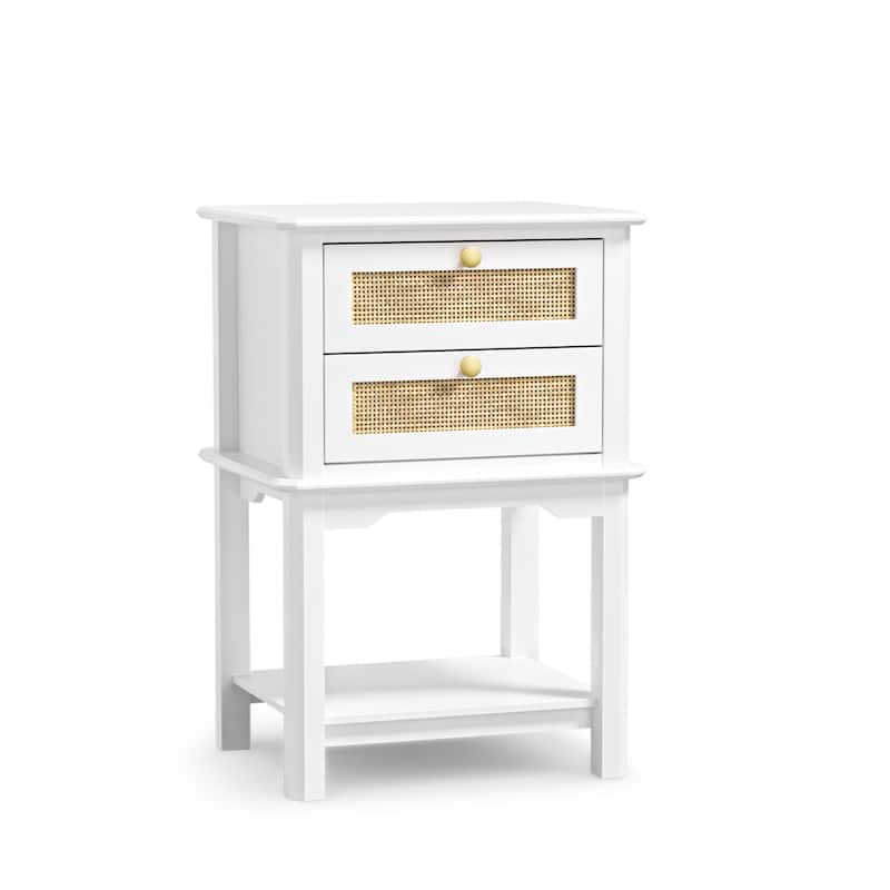 Modern 27.95"H Tall 2-Drawer White Nightstand Wood Rattan Side End Table for Bedroom with Storage Shelf