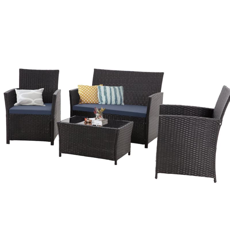 4-Piece Wicker Outdoor Sofa Set, 1 Loveseats, 2 Single Sofas, 1 Table