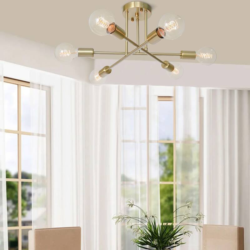 6-Light Modern Industrial Linear Sputnik Branch Semi-Flush Mount Light Ceiling Light