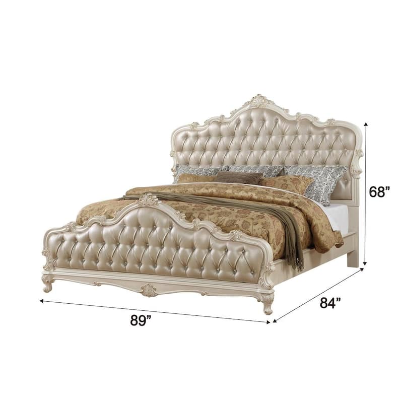 Acme Furniture Chantelle Rose Gold Faux Leather Pearl White Bed
