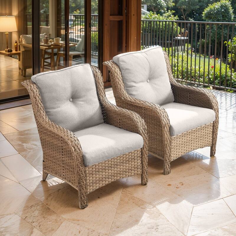 Outdoor Arm Chair with Cushion Rattan Chair - Yellow Rattan - Beige Cushion - 2PCS - Patio Chair
