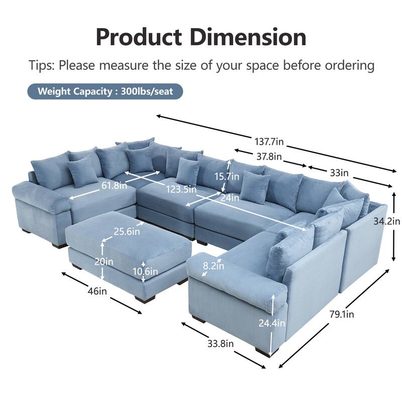 GDFStudio - Corduroy U-Shaped 6-Seater 137.7" Cloud Modular Sectional Couch with Ottoman