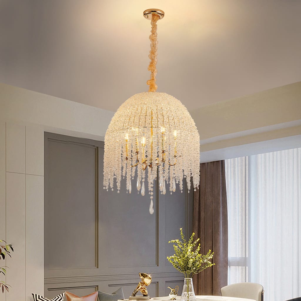 20 Inch 6-Light K9 Crystal Pendant Light Chandelier- Elegant Waterfall Design with Cascading Crystal Bead Strings - Gold
