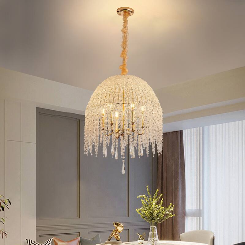 20 Inch 6-Light K9 Crystal Pendant Light Chandelier- Elegant Waterfall Design with Cascading Crystal Bead Strings - Gold - Gold