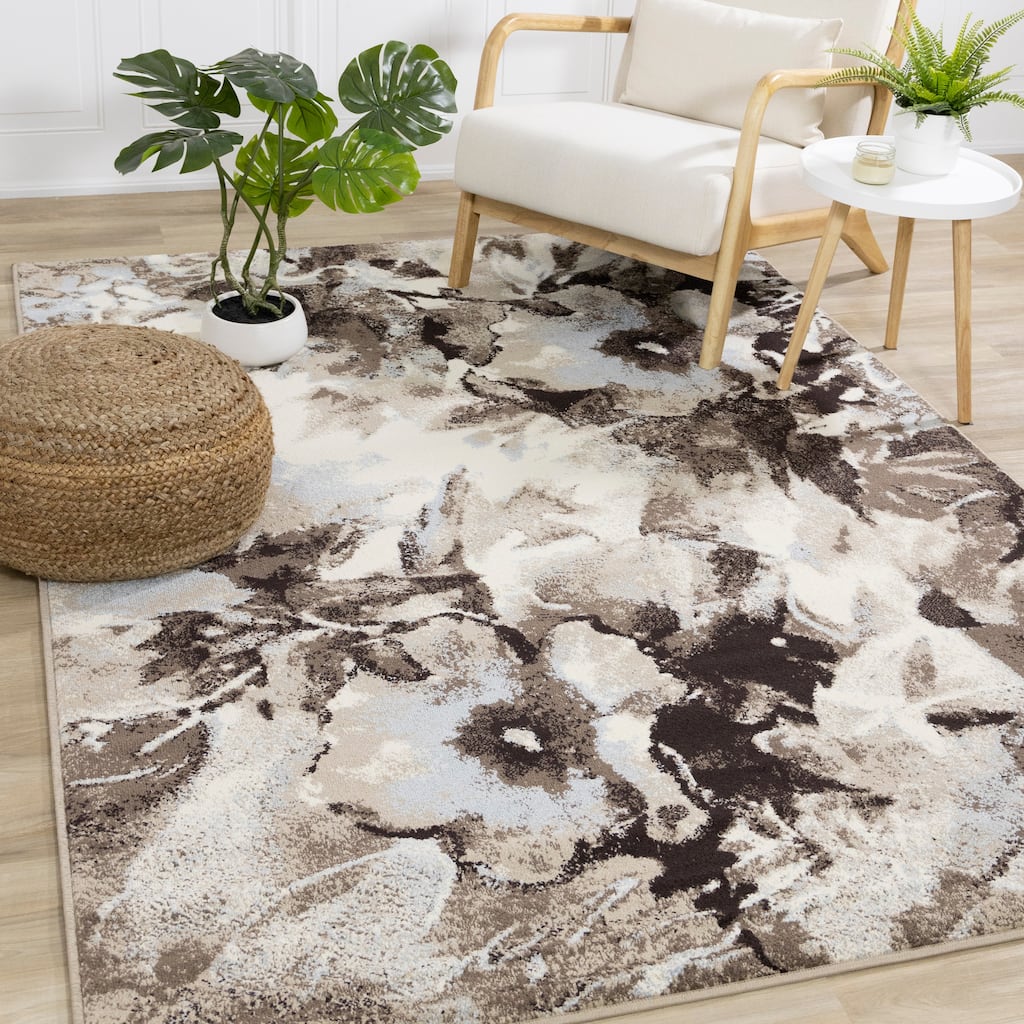 Charlotte Collection - Brown/ Cream Watercolor Flowers Area Rug