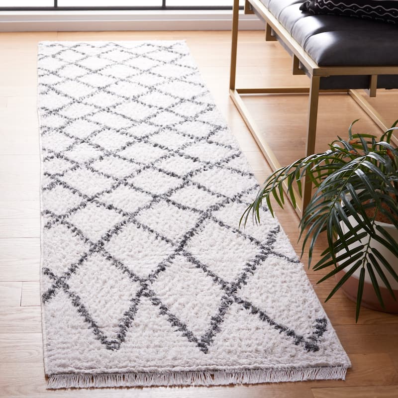 SAFAVIEH Augustine Kusum Boho Trellis Fringe Rug - 2' x 9' Runner - Ivory/Grey
