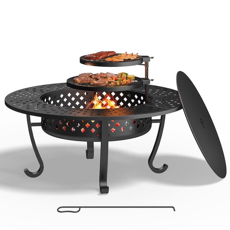 3-in-1 Outdoor Fire Pit Table - BBQs, Bonfire & 43" Metal Table - N/A