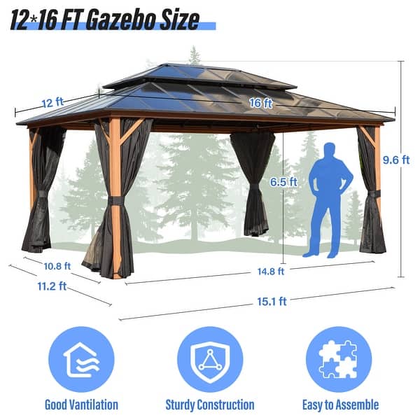 dimension image slide 14 of 16, EROMMY Hardtop Gazebo,Outdoor Pergola with Double Roof & Netting & Curtains,Heavy Duty Canopy for Patio, Backyard, Pool party
