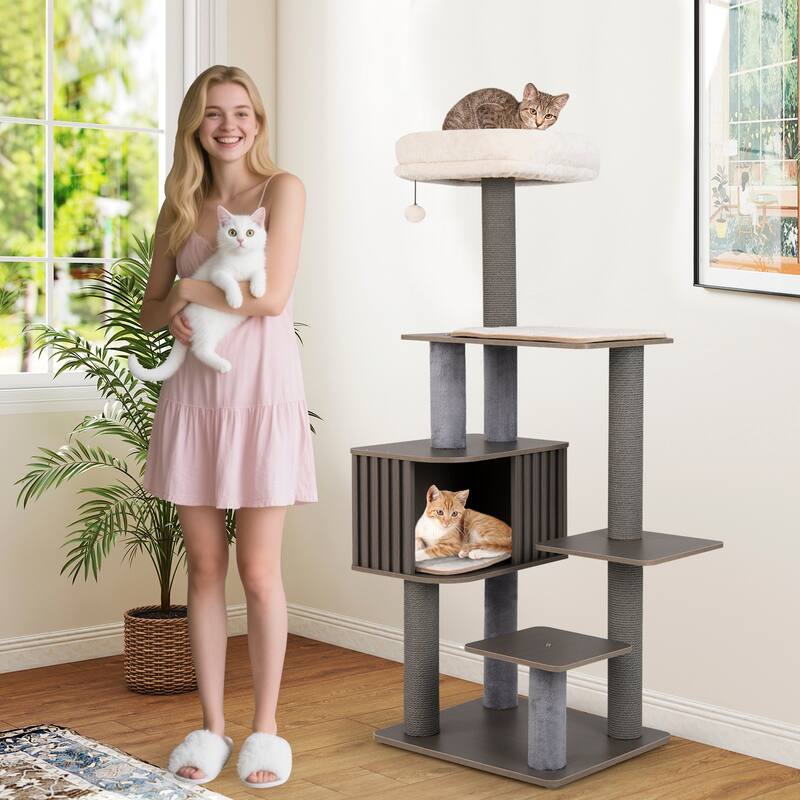 Gymax 59.5'' Tall Cat Tower w/Cushion Top Perch Detachable Mats