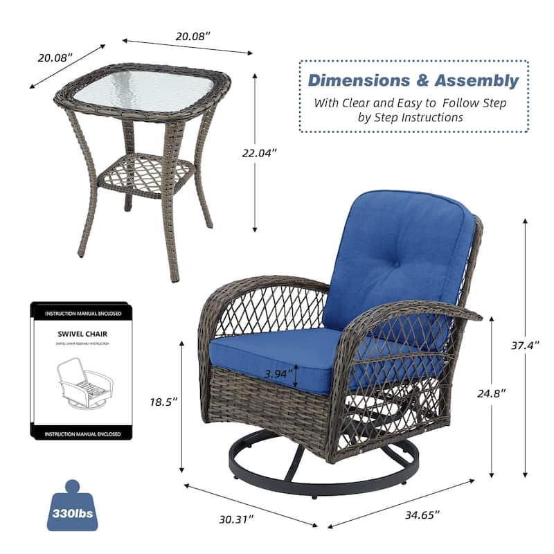 360° Swivel Rocking Patio Chairs Set with Thick Cushions & Tempered Glass Table | Indoor Living Room / Balcony| 3/5-Piece