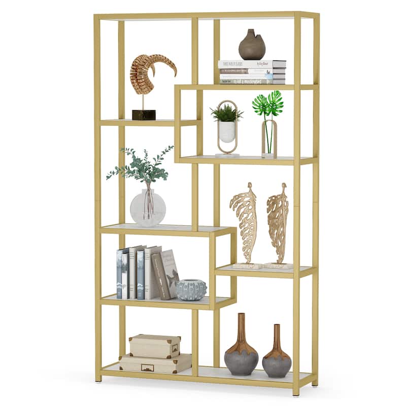 Etagere Bookcase 8 Tier Bookshelf with Gold Metal Frame and White Faux Marble Board for Home office, Living Room