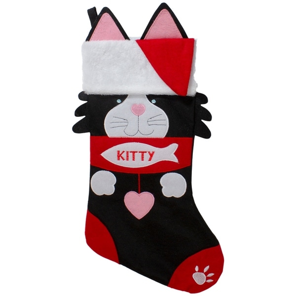 19.5" Black and Red Embroidered Kitty Cat Christmas Stocking. Opens flyout.