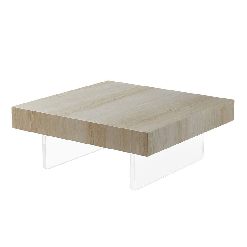 Square Faux Travertine Pattern Coffee Table for Living Room,Modern Design Coffee Table with Acrylic Legs for Office,Apartment
