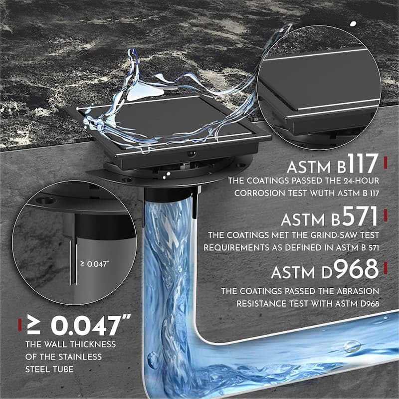 4-Inch Square Shower Floor Drain, Quadrato Pattern Grate - 4 inch