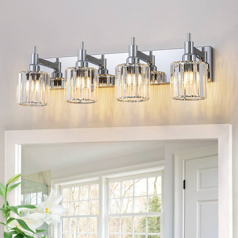 3/4/5-Light Modern Glam Dimmable Cylinder Crystal Wall Light Bathroom Vanity Light - 27.5 in. W 4-Light - Chrome