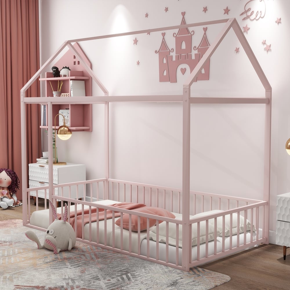 Kids Playhouse Bed, Metal House Bed Frame with Roof & Fence, Floor Bed for Kids Gilrs Boys