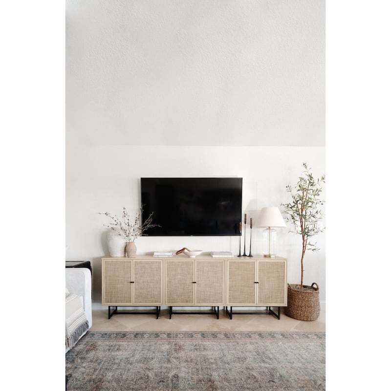 Nathan James Kova Natural Cane Rattan Doors Accent Cabinet with Metal Base and Adjustable Shelf