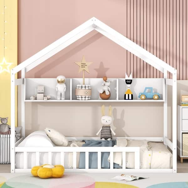 slide 2 of 38, Wooden House Bed with Storage Shelf, Kids Bed with Fence & Roof White - Twin