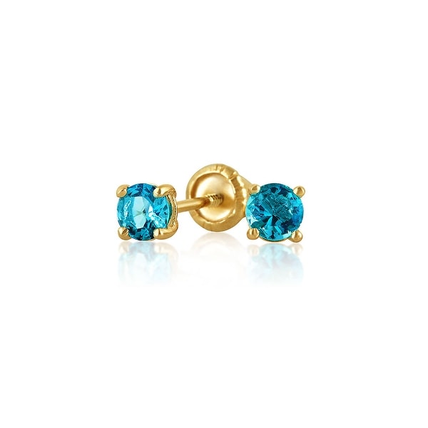 Tiny Cubic Zirconia London Blue Imitation Blue Topaz CZ Round Solitaire Stud Earrings Real 14K Yellow Gold Screwback