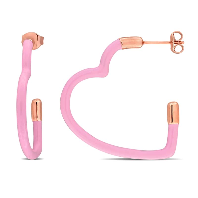 Miadora Pink Enamel Heart Earrings in Rose Silver