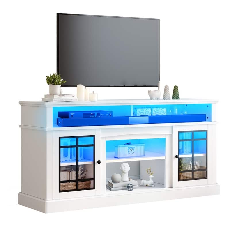 LED TV Stand for 75" TVs Glass Doors TV Media Console Table White - 65 inches in width