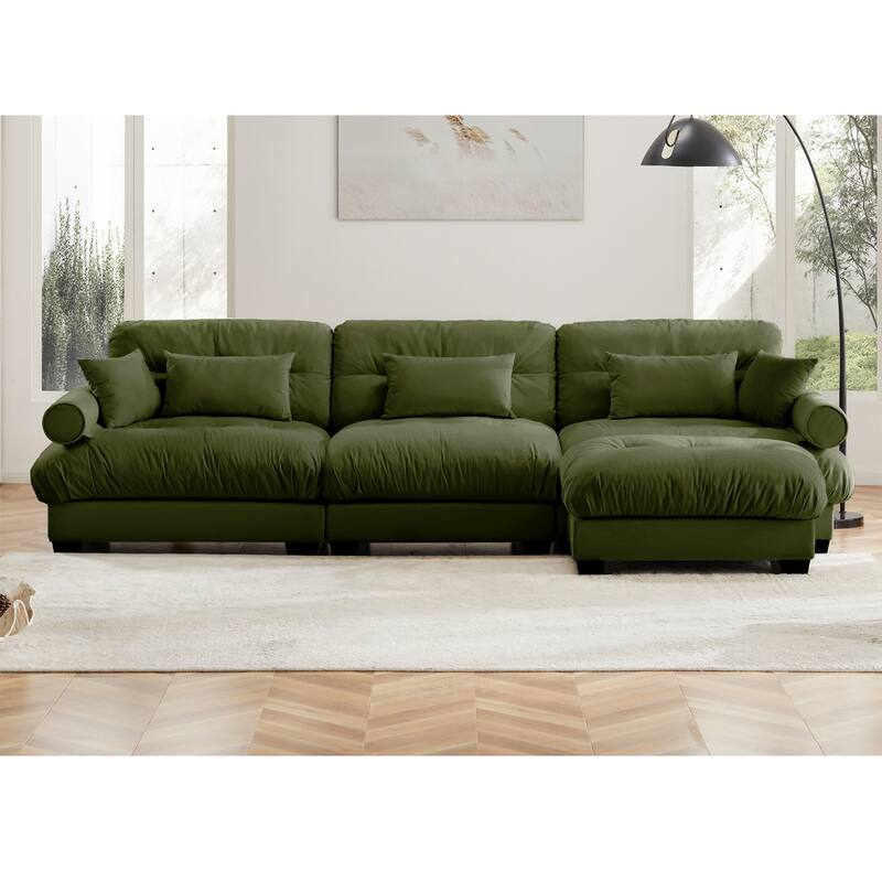 Modern Sectional Couch Comfortable Upholstered Sofa Set with Lumbar Pillow and Throw Pillow for Living Room - 3 Seats + 1 Ottoman - Olive Green