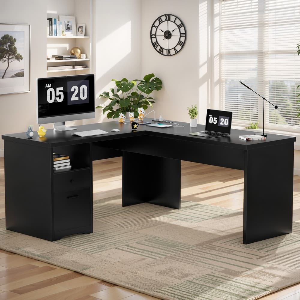 Modern Farmhouse Lift Top L-Shaped Desk with Charge Station, Corner Desk with File Drawers for Home Office