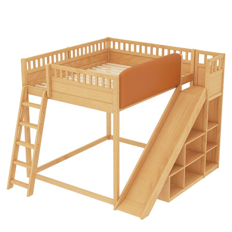 Minimalist Wood Loft Bed Frame with Upholstered Headboard, Storage Open Shelves, Safety Guardrails, Ladder and Slide for Kids