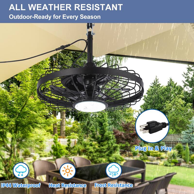 Outdoor Ceiling Fan with Light: 20 Inch Waterproof Gazebo Hanging - Plug in Remote App Control Caged Fans - 6 Speed Black