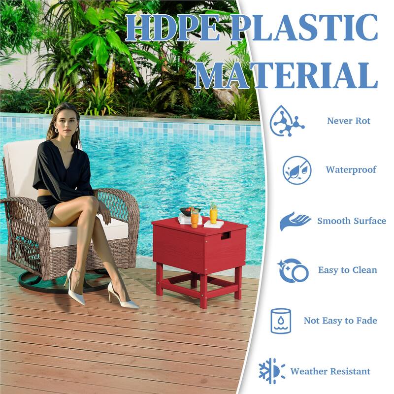 Outdoor Patio Weather Resistant HDPE Coffee & Side Table, Build-in Stainless Steel Cooler Bucket