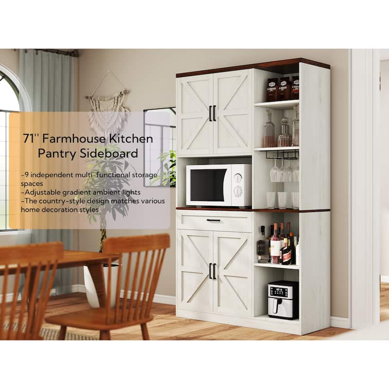 71" Kitchen Pantry Sideboard with Cabinet & Drawer, Multifunctional Buffet with Hutch, Microwave Stand & Charging Station