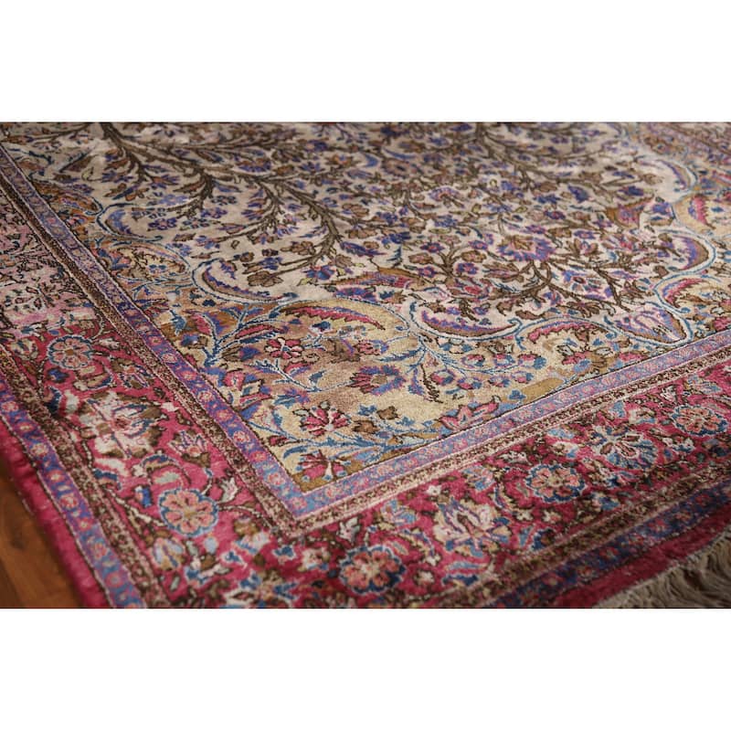 Hand Knotted Oriental Silk Carpet Traditional Floral Beige & Ivories Kashan Area Rug - 6' 10'' X 4' 4''