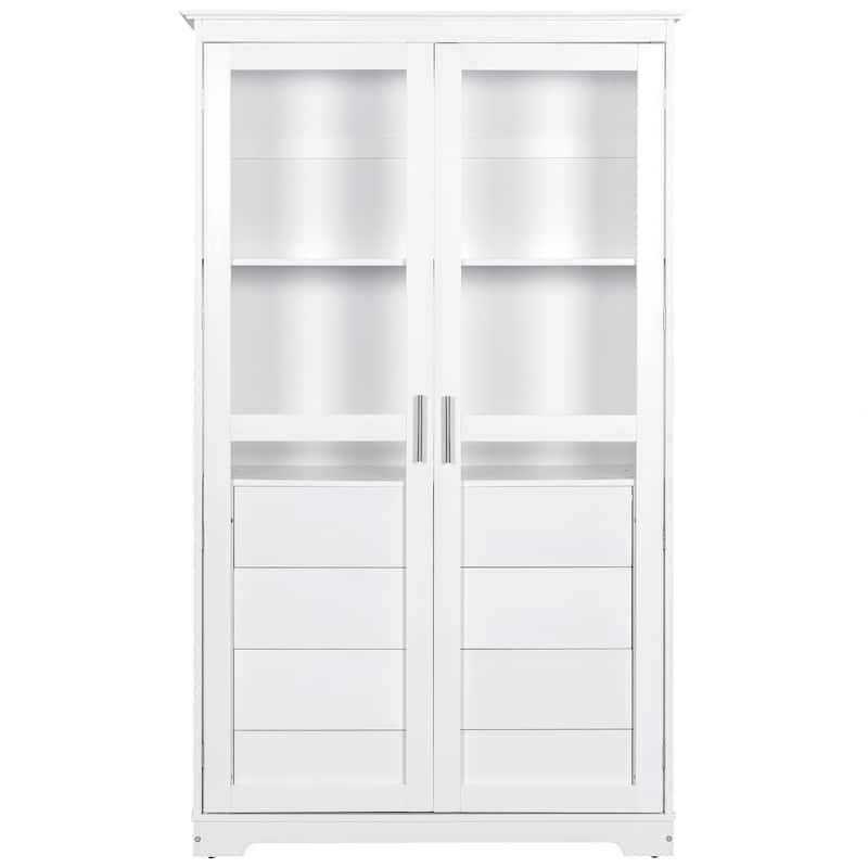 Kitchen Pantry, Freestanding Kitchen Storage Cabinet Display Cabinet with Glass Doors and 4 Built-in Drawers for Living Room
