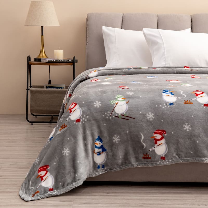 Luxurious Velvet Plush Fleece Holiday Printed Throw Blanket - Snowman