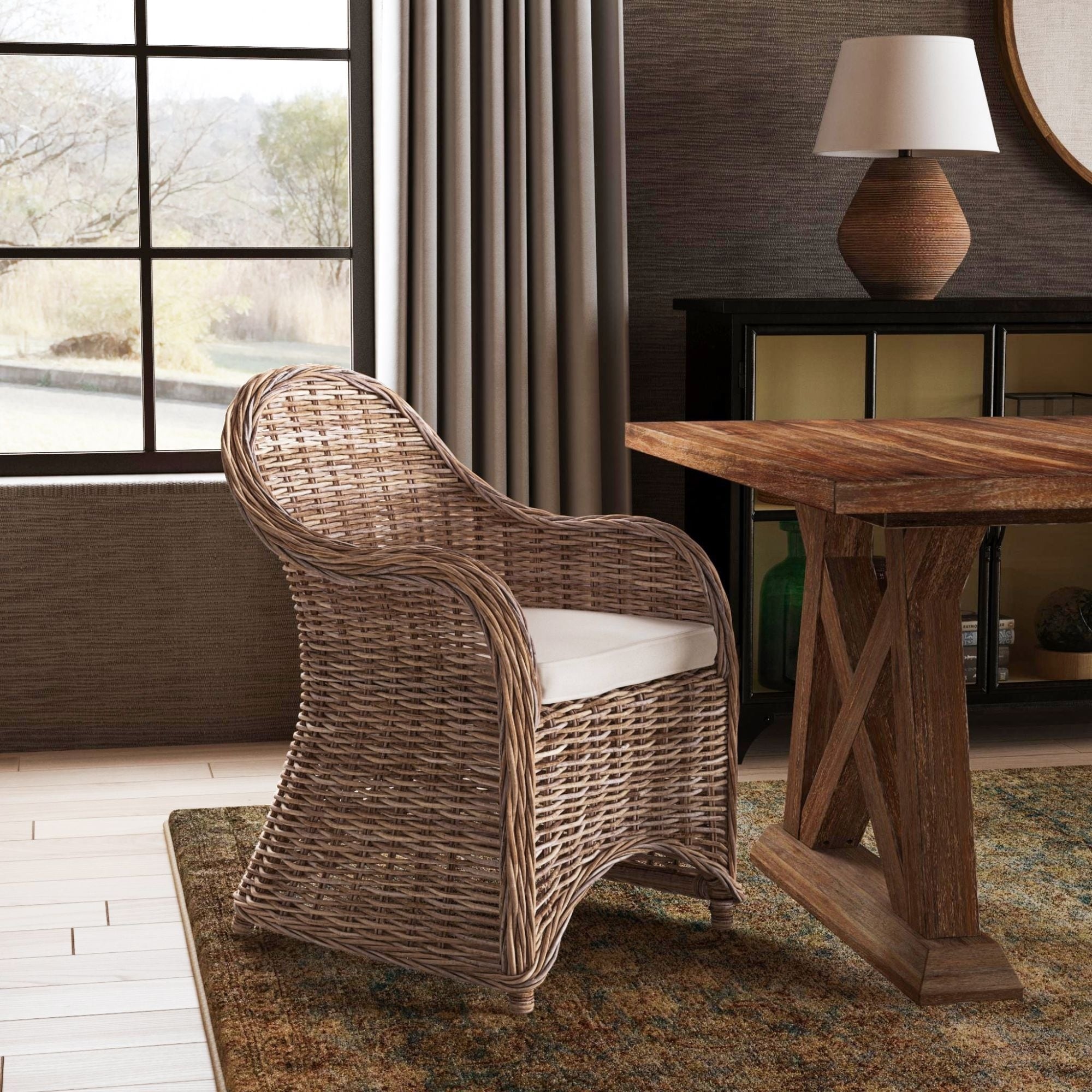 East at Main Handwoven Natural Rattan Armchair with Cushion On