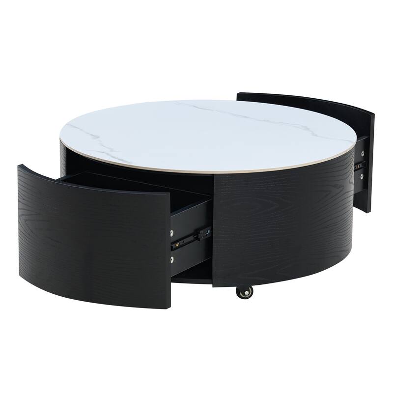 Luxury Faux Marble Coffee Table, Small Round Movable Center Table with Casters, Modern Cocktail Tea Table with 2 Storage Drawers