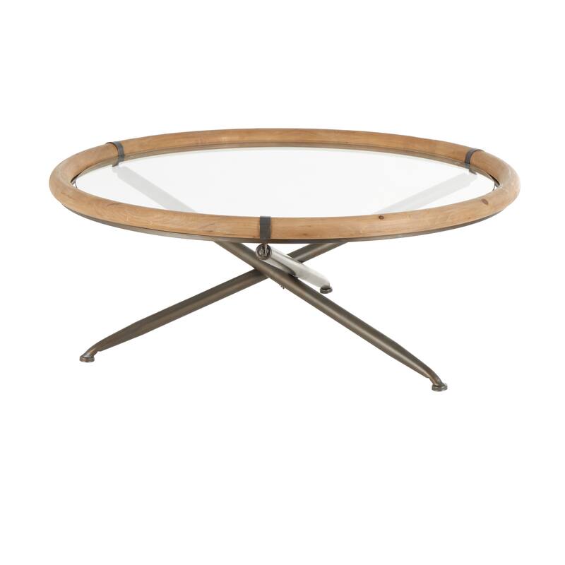 Brass Metal Round Living Room Coffee Table with Brown Wooden Framed Glass Tabletop