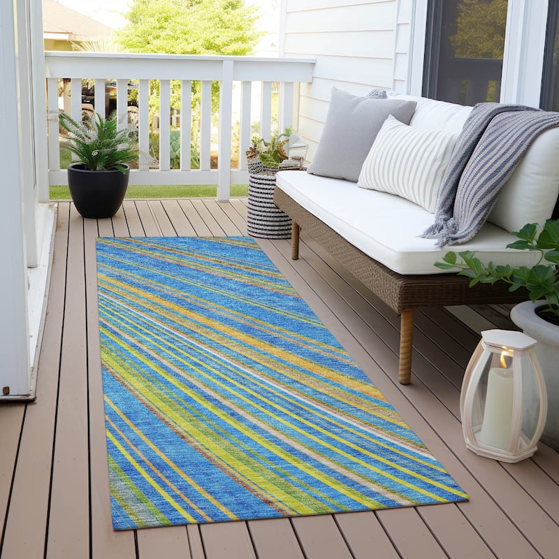 Machine Washable Indoor/ Outdoor Stripe Wave Chantille Rug - Denim - 2'3" x 7'6"