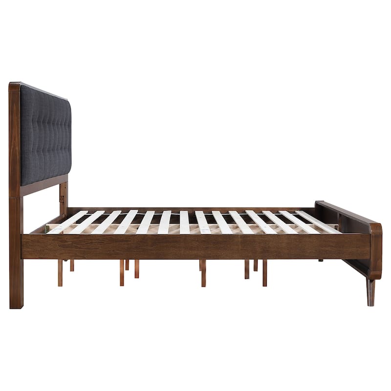 Dark Walnut Eastern King Platform Bed with Tufted Upholstery and Storage Drawers