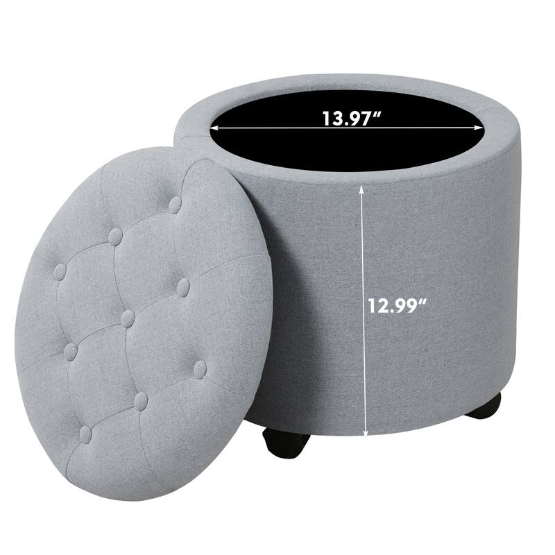 Adeco 17" Faux Leather Round Storage Ottoman with Tufted