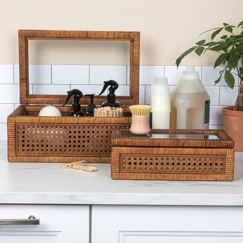 Woven Rattan Display Boxes with Glass Lids & Fir Wood Frame