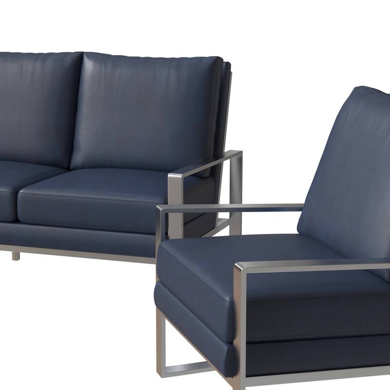 3-Piece Leather Sofa Set Brushed Stainless Steel Base and Removable Cushions