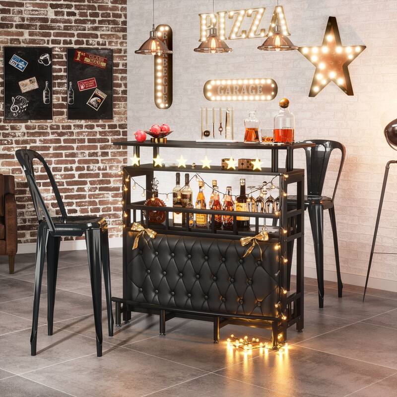 Bar Unit for Home Liquor, Black Entertainment Bar Upholstered Bar Table with Storage