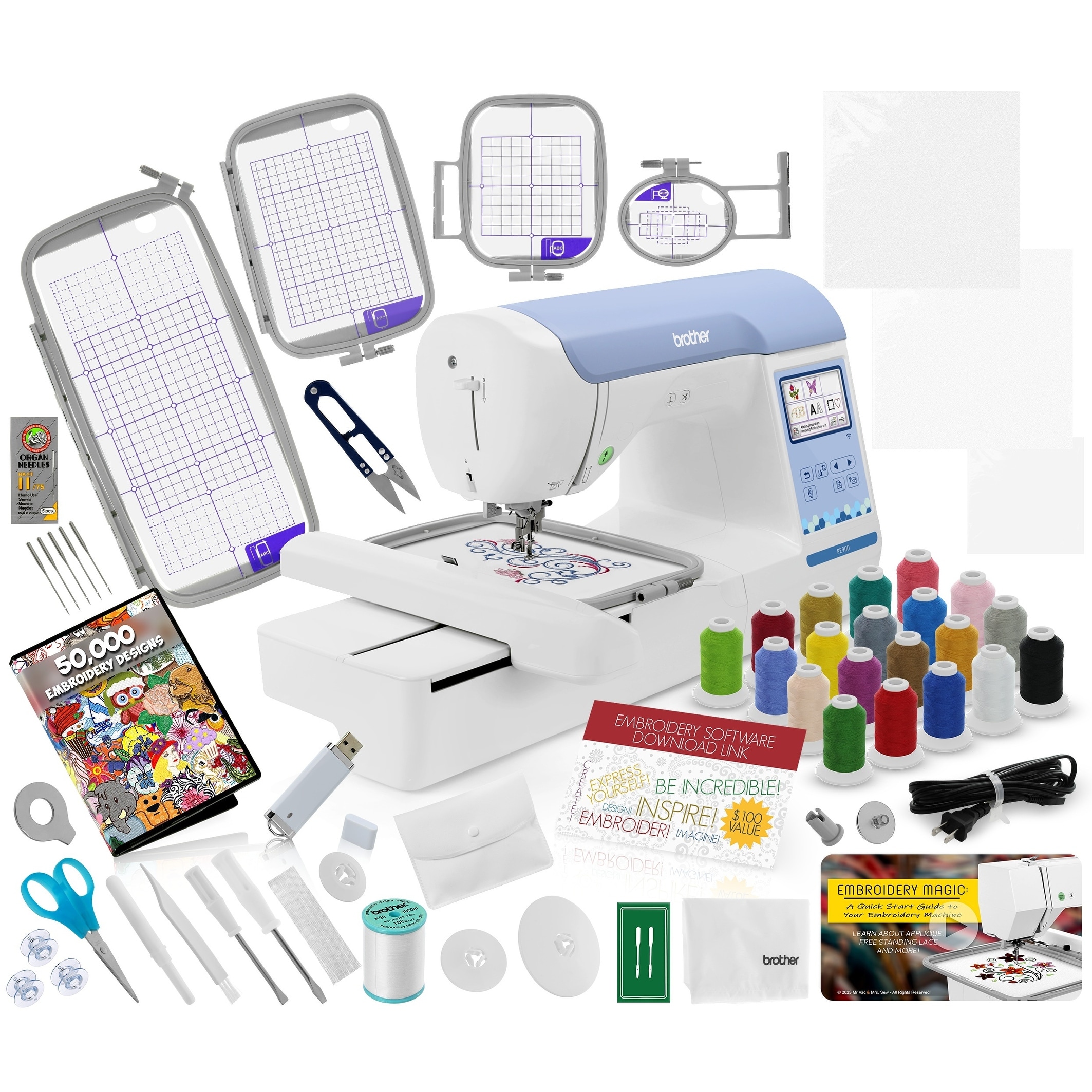 Brother PE900 Embroidery Machine Ultimate Bundle - Includes 4 Hoops, 20 Premium Threads, Stabilizer Sheets & More