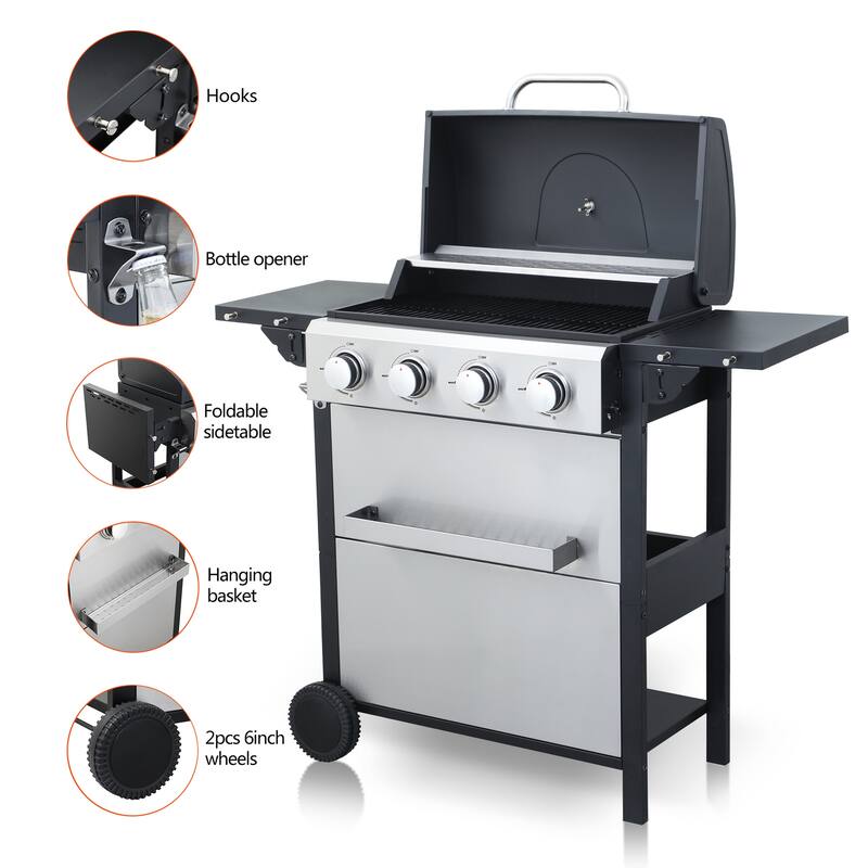 4-Burner Propane Gas BBQ Grill with Wire Enamel Cooking Grids and Foldable Side Table, Hanging Basket, Stainless Steel