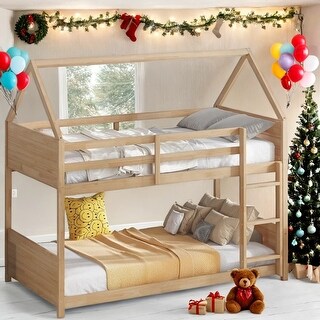Low Height House Bunk Bed with Headboards,Guardrails,Ladder,Twin Over Twin Kids Bed