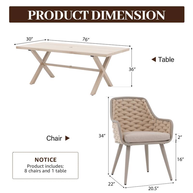 Outdoor Patio Dining Sets with Handwoven Rope Chairs and X-leg Aluminum Dining Table for 8 Persons
