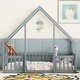 preview thumbnail 3 of 50, Pine Wood House-Shaped Floor Bed Frame with Fence & Guardrails for Kids Girls Boys, No Need Spring Box