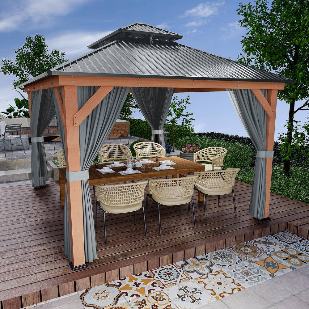 11 ft. x 13 ft. Outdoor Double Roof Hardtop Wooden Patio Gazebo with Netting and Curtains